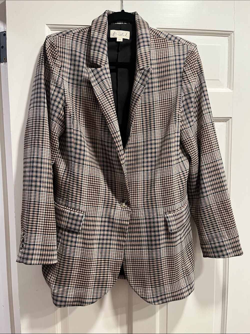Marled Plaid Single-Button Blazer in Beige and Black